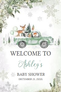562 Green Winter Woodland Truck Baby Shower Welcome Sign 20X30: 562 Green Winter Woodland Truck Baby Shower Welcome Sign
