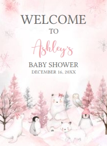 568 Pink Arctic Animals Baby Shower Welcome Sign 11x15: 568 Pink Arctic Animals Baby Shower Welcome Sign