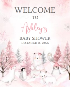 568 Pink Arctic Animals Baby Shower Welcome Sign 16x20: 568 Pink Arctic Animals Baby Shower Welcome Sign