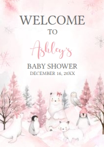 568 Pink Arctic Animals Baby Shower Welcome Sign A1: 568 Pink Arctic Animals Baby Shower Welcome Sign