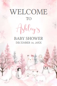 568 Pink Arctic Animals Baby Shower Welcome Sign 24x36: 568 Pink Arctic Animals Baby Shower Welcome Sign