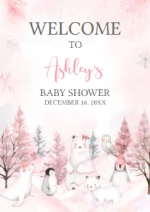 568 Pink Arctic Animals Baby Shower Welcome Sign A2: 568 Pink Arctic Animals Baby Shower Welcome Sign