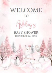 568 Pink Arctic Animals Baby Shower Welcome Sign A3: 568 Pink Arctic Animals Baby Shower Welcome Sign