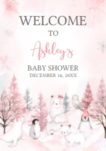 568 Pink Arctic Animals Baby Shower Welcome Sign A4: 568 Pink Arctic Animals Baby Shower Welcome Sign