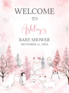 568 Pink Arctic Animals Baby Shower Welcome Sign 18x24: 568 Pink Arctic Animals Baby Shower Welcome Sign