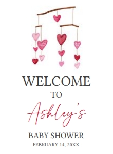 595 Hanging Hearts Valentine Baby Shower Welcome Sign 11x15: 595 Hanging Hearts Valentine Baby Shower Welcome Sign