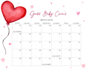 597 Heart Balloon Baby Shower Calendar 20X16: 597 Heart Balloon Baby Shower Calendar