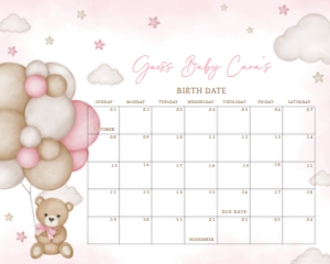 598 Pink Bear Balloon Baby Shower Calendar 10x8: 598 Pink Bear Balloon Baby Shower Calendar