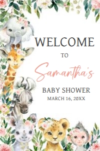 602 Pink Floral Wild One Safari Baby Shower Welcome Sign 24x36: 602 Pink Floral Wild One Safari Baby Shower Welcome Sign