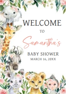 602 Pink Floral Wild One Safari Baby Shower Welcome Sign A3: 602 Pink Floral Wild One Safari Baby Shower Welcome Sign