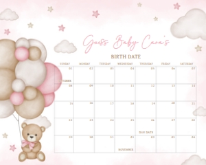 598 Pink Bear Balloon Baby Shower Calendar 20x16: 598 Pink Bear Balloon Baby Shower Calendar