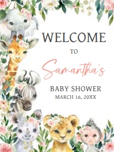 602 Pink Floral Wild One Safari Baby Shower Welcome Sign 18x24: 602 Pink Floral Wild One Safari Baby Shower Welcome Sign