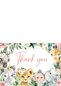 602 Pink Floral Wild One Safari Baby Shower Thank You Card: 602 Pink Floral Wild One Safari Baby Shower Invitation Set