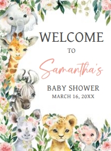 602 Pink Floral Wild One Safari Baby Shower Welcome Sign 11x15: 602 Pink Floral Wild One Safari Baby Shower Welcome Sign