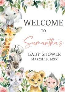 602 Pink Floral Wild One Safari Baby Shower Welcome Sign A4: 602 Pink Floral Wild One Safari Baby Shower Welcome Sign
