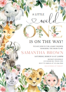 602 Pink Floral Wild One Safari Baby Shower Invitation: 602 Pink Floral Wild One Safari Baby Shower Invitation