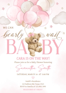 599 Pink Balloon Bear Baby Shower Invitation: 599 Pink Balloon Bear Baby Shower Invitation