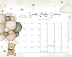 603 Green Bear Balloon Baby Shower Calendar 10x8: 603 Green Bear Balloon Baby Shower Calendar