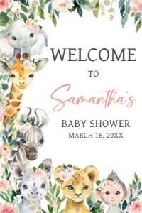 602 Pink Floral Wild One Safari Baby Shower Welcome Sign 20x30: 602 Pink Floral Wild One Safari Baby Shower Welcome Sign