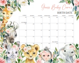 602 Pink Floral Wild One Safari Baby Shower Calendar 20x16: 602 Pink Floral Wild One Safari Baby Shower Calendar