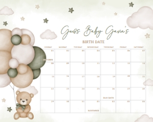 603 Green Bear Balloon Baby Shower Calendar 20x16: 603 Green Bear Balloon Baby Shower Calendar