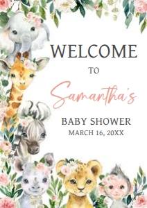 602 Pink Floral Wild One Safari Baby Shower Welcome Sign A1: 602 Pink Floral Wild One Safari Baby Shower Welcome Sign