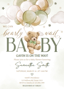 604 Green Balloon Bear Baby Shower Invitation: 604 Green Balloon Bear Baby Shower Invitation Set