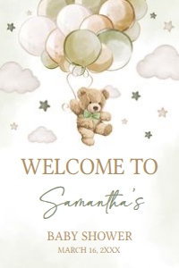 604 Green Balloon Bear Baby Shower Welcome Sign 24x36: 604 Green Balloon Bear Baby Shower Welcome Sign