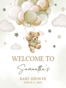 604 Green Balloon Bear Baby Shower Welcome Sign 18x24: 604 Green Balloon Bear Baby Shower Welcome Sign