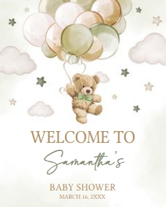 604 Green Balloon Bear Baby Shower Welcome Sign 16x20: 604 Green Balloon Bear Baby Shower Welcome Sign