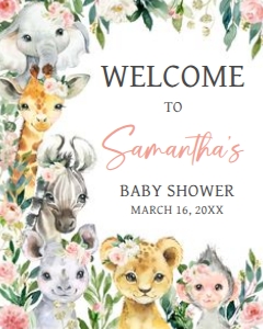 602 Pink Floral Wild One Safari Baby Shower Welcome Sign 16x20: 602 Pink Floral Wild One Safari Baby Shower Welcome Sign