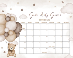 605 Brown Bear Balloon Baby Shower Calendar 10x8: 605 Brown Bear Balloon Baby Shower Calendar