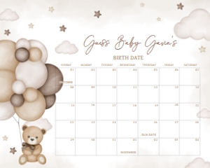 605 Brown Bear Balloon Baby Shower Calendar 20x16: 605 Brown Bear Balloon Baby Shower Calendar