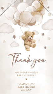 606 Brown Balloon Bear Baby Shower Favor Tag with Line: 606 Brown Balloon Bear Baby Shower Favor Tag