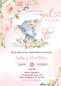 615 Pink Floral Balloon Elephant Baby Shower Invitation: 615 Pink Floral Balloon Elephant Baby Shower Invitation