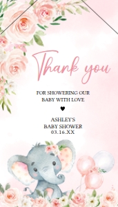 615 Pink Floral Balloon Elephant Baby Shower Favor Tag with Line: 615 Pink Floral Balloon Elephant Baby Shower Favor Tag