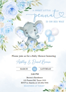 617 Blue Floral Balloon Elephant Baby Shower Invitation: 617 Blue Floral Balloon Elephant Baby Shower Invitation Set