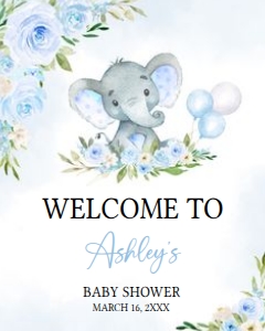 617 Blue Floral Balloon Elephant Baby Shower Welcome Sign 16x20: 617 Blue Floral Balloon Elephant Baby Shower Welcome Sign