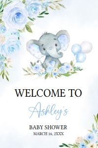617 Blue Floral Balloon Elephant Baby Shower Welcome Sign 24X36: 617 Blue Floral Balloon Elephant Baby Shower Welcome Sign