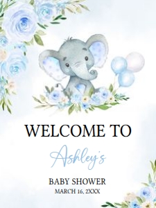 617 Blue Floral Balloon Elephant Baby Shower Welcome Sign 18x24: 617 Blue Floral Balloon Elephant Baby Shower Welcome Sign