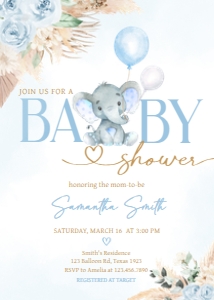618 Blue Boho Balloon Elephant Baby Shower Invitation: 618 Blue Boho Balloon Elephant Baby Shower Invitation