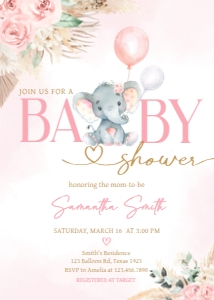 619 Pink Boho Balloon Elephant Baby Shower Invitation: 619 Pink Boho Balloon Elephant Baby Shower Invitation