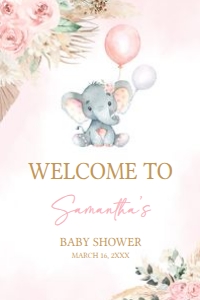 619 Pink Boho Balloon Elephant Baby Shower Welcome Sign 24x36: 619 Pink Boho Balloon Elephant Baby Shower Welcome Sign