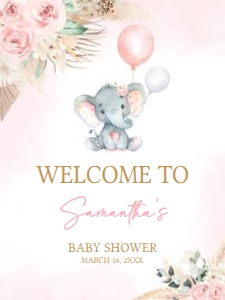 619 Pink Boho Balloon Elephant Baby Shower Welcome Sign 18x24: 619 Pink Boho Balloon Elephant Baby Shower Welcome Sign
