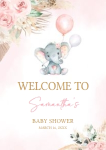 619 Pink Boho Balloon Elephant Baby Shower Welcome Sign A3: 619 Pink Boho Balloon Elephant Baby Shower Welcome Sign