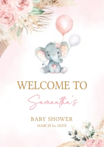 619 Pink Boho Balloon Elephant Baby Shower Welcome Sign A4: 619 Pink Boho Balloon Elephant Baby Shower Welcome Sign