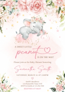 635 Pink Floral Sleeping Elephant Baby Shower Invitation: 635 Pink Floral Sleeping Elephant Baby Shower Invitation Set