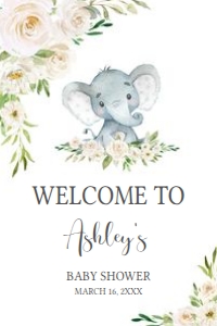 620 White Greenery Floral Elephant Baby Shower Welcome Sign 24x36: 620 White Greenery Floral Elephant Baby Shower Welcome Sign