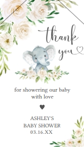 620 White Greenery Floral Elephant Baby Shower Favor Tag with Line: 620 White Greenery Floral Elephant Baby Shower Favor Tag