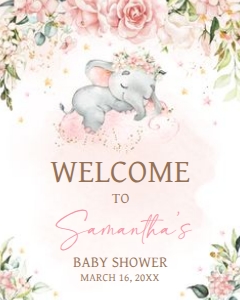 635 Pink Floral Sleeping Elephant Baby Shower Welcome Sign 16x20: 635 Pink Floral Sleeping Elephant Baby Shower Welcome Sign